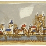 Paysage et village dit Venise I, 1964 Huile et traces de crayon feutre sur panneau, 21,5 x 36,8 cm Collection particulière ©ADAGP, Paris 2014 