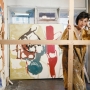 Helen Frankenthaler in her studio at Third Avenue and East 94th Street, New York, with Mediterranean Thoughts (1960, in progress, left) and Figure with Thoughts (1960, in progress, right), March 1960
