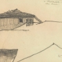 Kazanlik, toits et maison, Le Corbusier, 1911, crayon sur papier, non daté, signé postérieurement en bas à droite, L-C, note en haut à droite A.Kasanlik depuis la table du dîner, 0,114x0,192m  ©Fondation Le Corbusier/ADAGP, Paris 2013