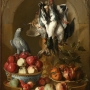 Alexandre-François Desportes. Nature morte au trophée de gibier, fruits et perroquet sur fond de niche 1716