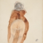 Femme nue agenouillée, de dos, le vêtement relevé jusqu’à la taille